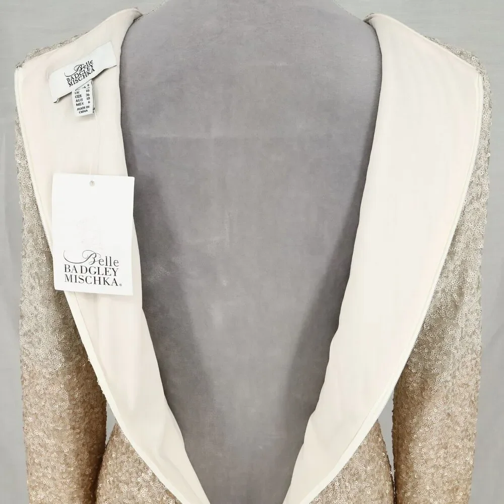Belle Badgley Mischka Dress Womens 6 Ivory Gold Ombre Sequins Zip Lined New